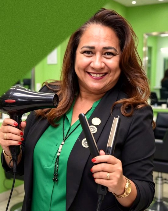 Profissional da beleza sorrindo em salão, segurando secador e prancha, ambiente com parede verde.