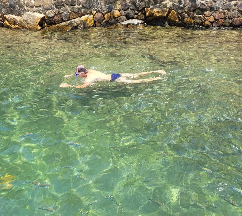 Banho em águas claras e rasas durante passeio de lancha em São Sebastião