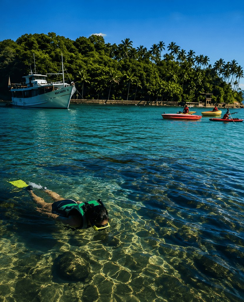 Águas transparentes e enseada com mata atlântica em Ilhabela vista durante passeio de lancha